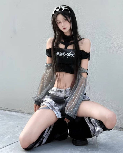 Cyberpunk Elf Futuristic Sequined Top &amp; Mini Skirt (Sold Separately）