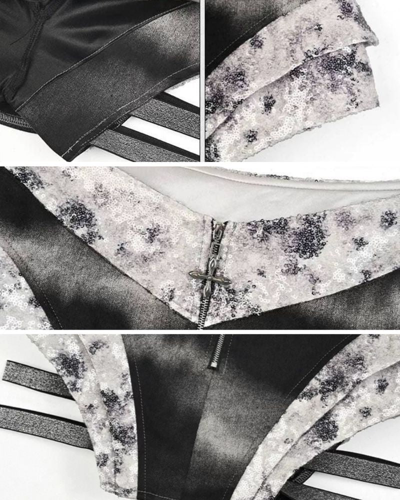 Cyberpunk Elf Futuristic Sequined Top &amp; Mini Skirt (Sold Separately）