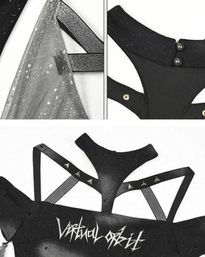 Cyberpunk Elf Futuristic Sequined Top &amp; Mini Skirt (Sold Separately）