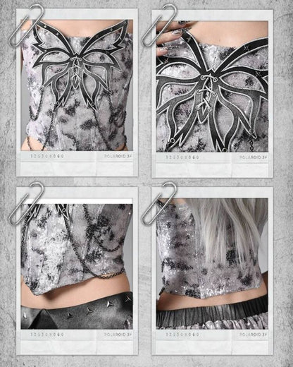 Cyberpunk Elf Futuristic Sequined Top &amp; Mini Skirt (Sold Separately）