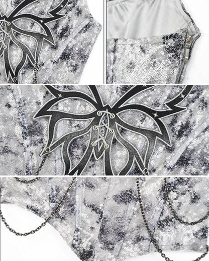 Cyberpunk Elf Futuristic Sequined Top &amp; Mini Skirt (Sold Separately）