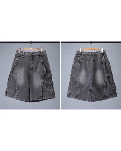 Cyberpunk Techwear Distressed Denim Cargo Shorts