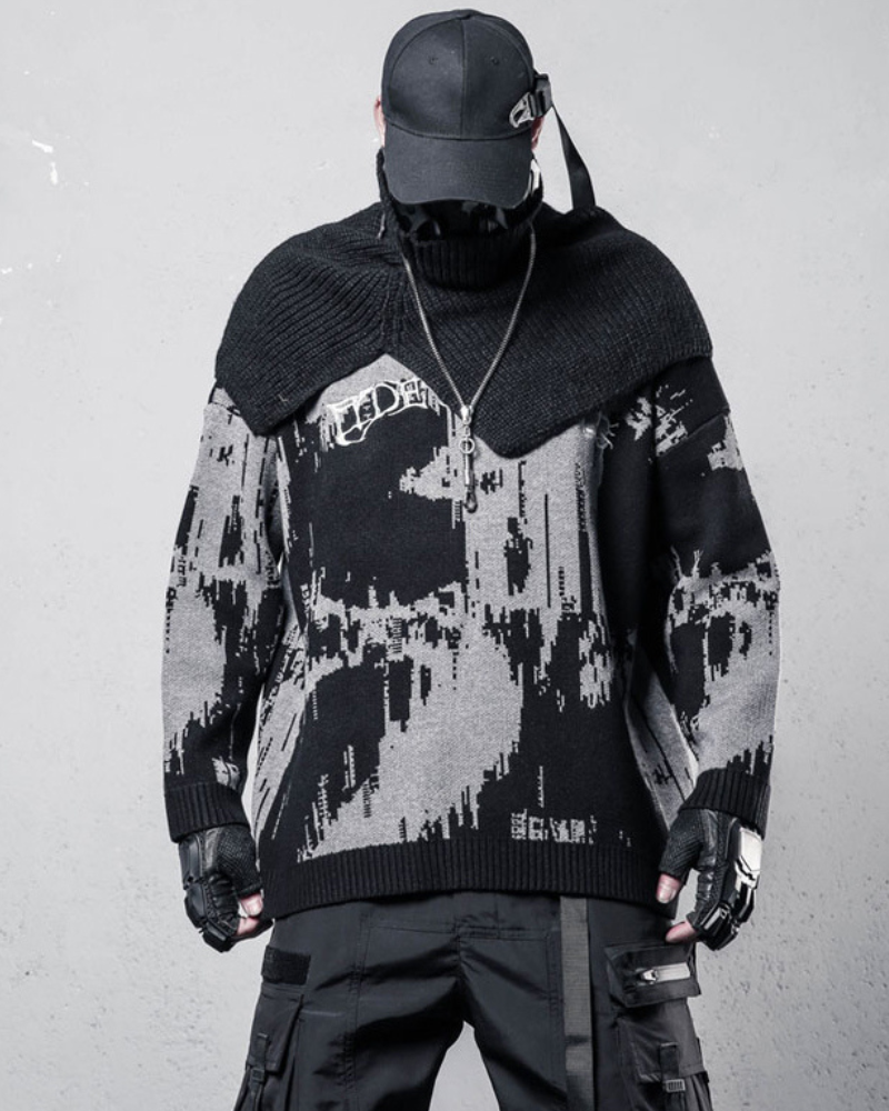 Streetwear Dark Splatter Printed Knit Sweater