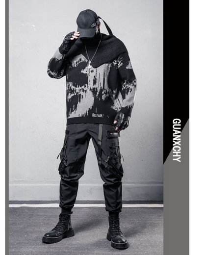 Streetwear Dark Splatter Printed Knit Sweater