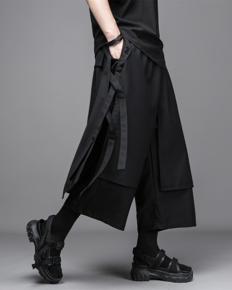 Dark Modern Japanese Loose Faux-Layer Hakama Pants