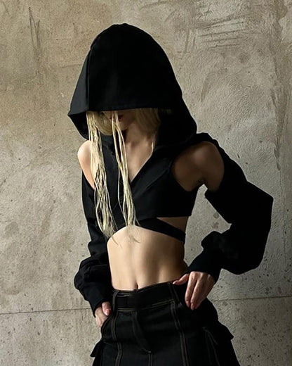 Darkwear Cross Tie Hood Blouse Crop Top