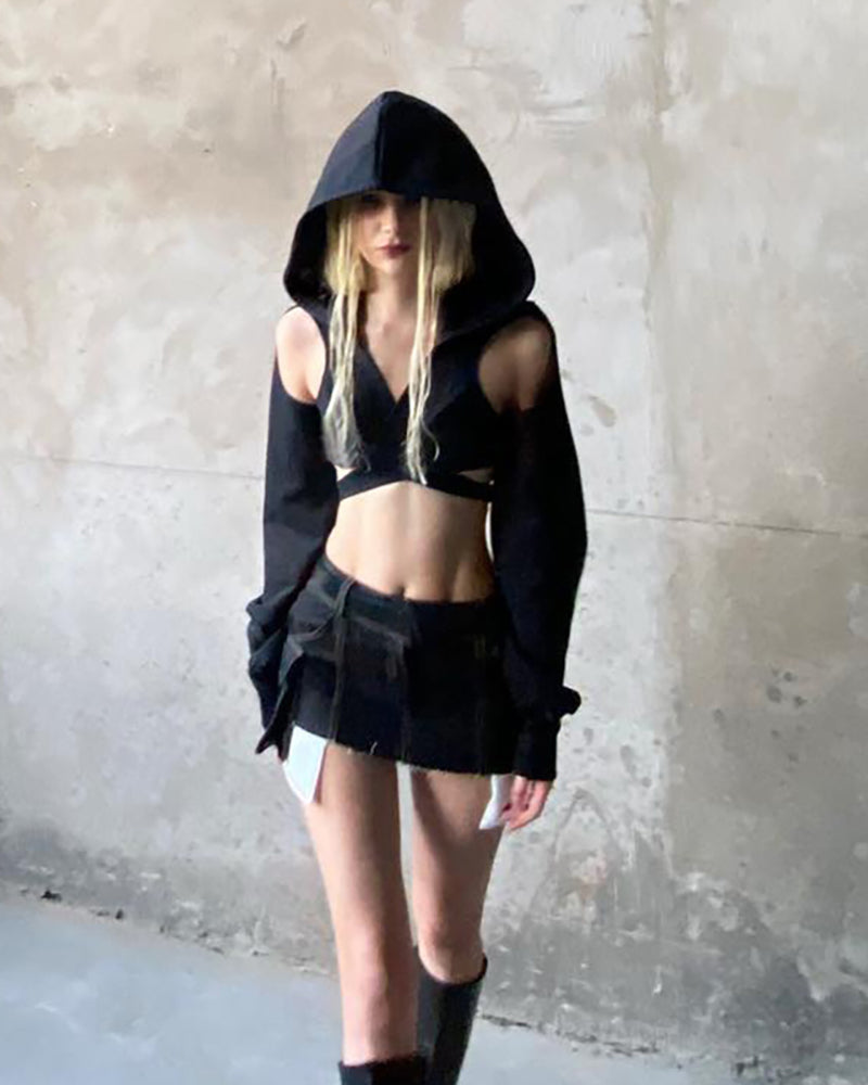Darkwear Cross Tie Hood Blouse Crop Top
