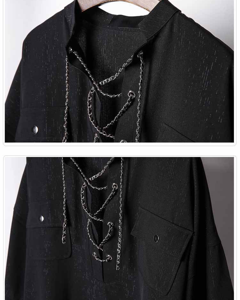 Darkwear Chain Lace-Up Textured Short Sleeve Shirt