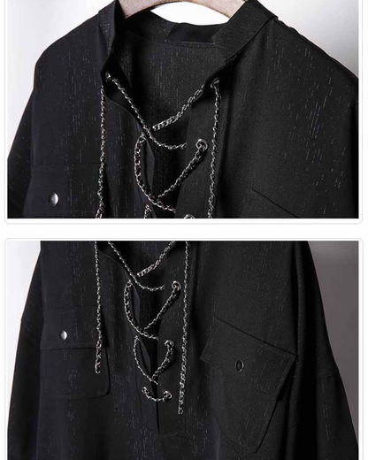 Darkwear Chain Lace-Up Textured Short Sleeve Shirt