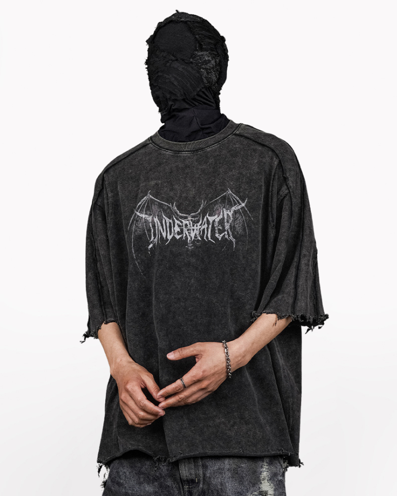 Darkwear Demon Skull Wash Distressed Raw Edge T-Shirt