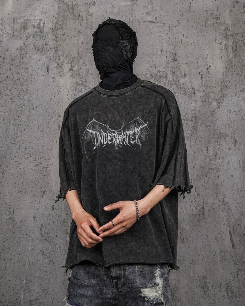 Darkwear Demon Skull Wash Distressed Raw Edge T-Shirt