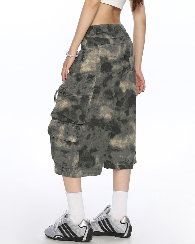 Denim Style Unisex Tie-Dye Cargo Shorts |  Camo Baggy Jorts