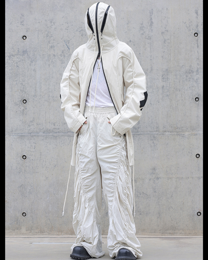 Street Drawstring Pleated Balaclava Hooded Trench Coat
