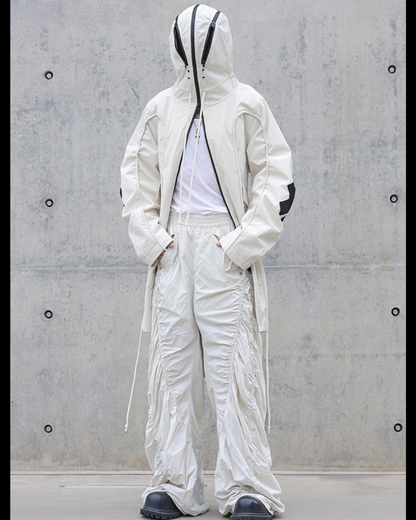 Street Drawstring Pleated Balaclava Hooded Trench Coat