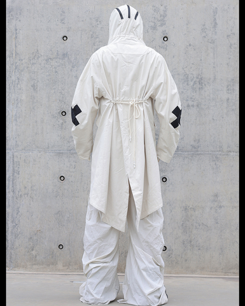 Street Drawstring Pleated Balaclava Hooded Trench Coat