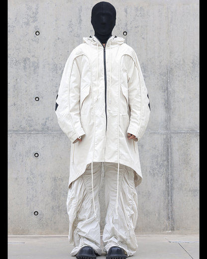 Street Drawstring Pleated Balaclava Hooded Trench Coat