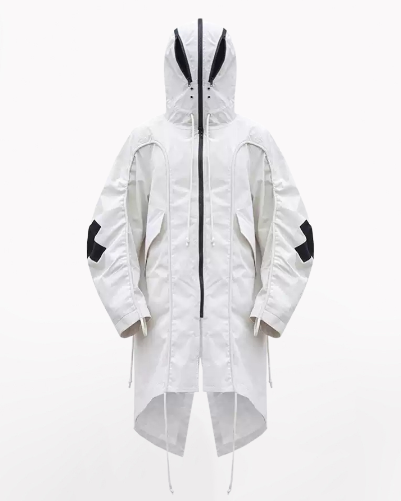 Street Drawstring Pleated Balaclava Hooded Trench Coat