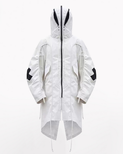 Street Drawstring Pleated Balaclava Hooded Trench Coat