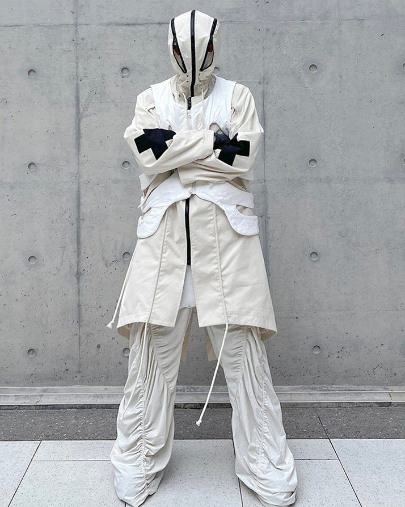 Street Drawstring Pleated Balaclava Hooded Trench Coat