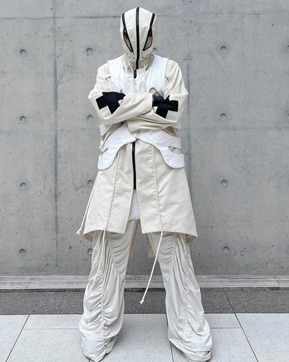 Street Drawstring Pleated Balaclava Hooded Trench Coat