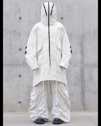 Street Drawstring Pleated Balaclava Hooded Trench Coat