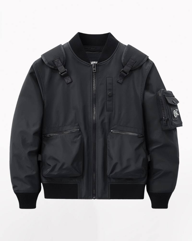 Functional Fake Two Piece Backpack Bomber Jacket, Size M, Black