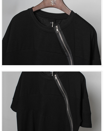 Functional Irregular Stitching Zipper Triangle Hem T-Shirt