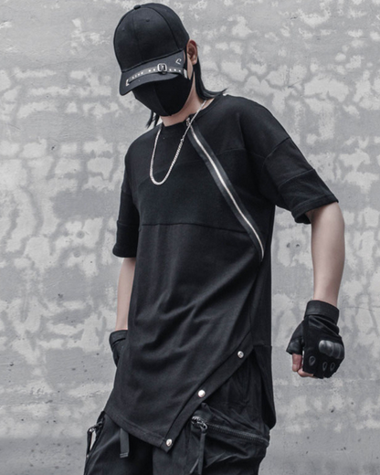 Functional Irregular Stitching Zipper Triangle Hem T-Shirt