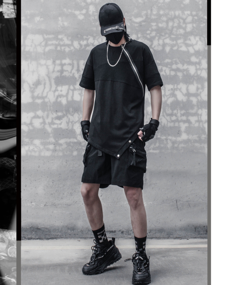 Functional Irregular Stitching Zipper Triangle Hem T-Shirt