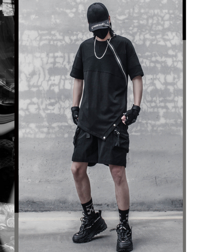 Functional Irregular Stitching Zipper Triangle Hem T-Shirt