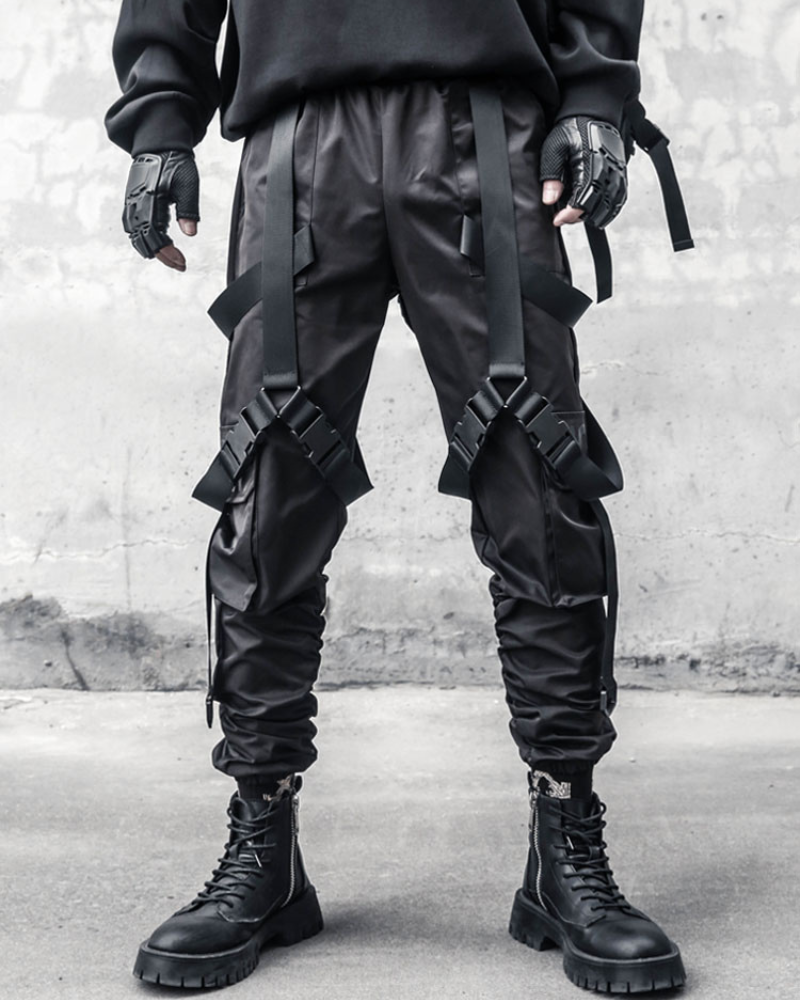 Functional Multi-Ribbon Buckle Black Cargo Pants