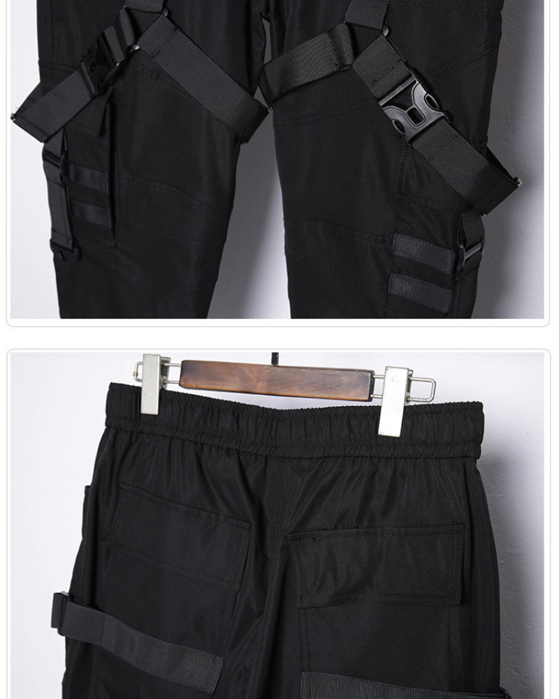 Functional Multi-Ribbon Buckle Black Cargo Pants