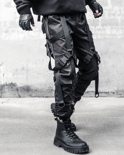 Functional Multi-Ribbon Buckle Black Cargo Pants
