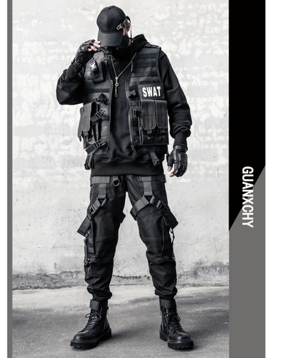 Functional Multi-Ribbon Buckle Black Cargo Pants