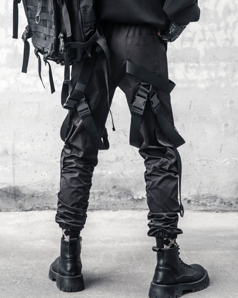 Functional Multi-Ribbon Buckle Black Cargo Pants
