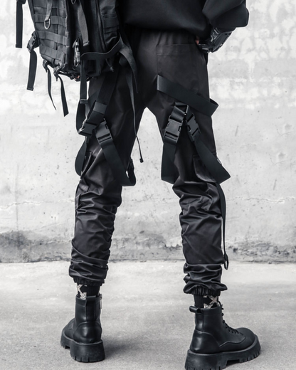 Functional Multi-Ribbon Buckle Black Cargo Pants