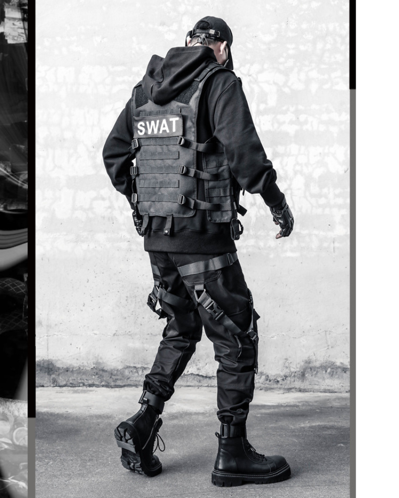 Functional Multi-Ribbon Buckle Black Cargo Pants