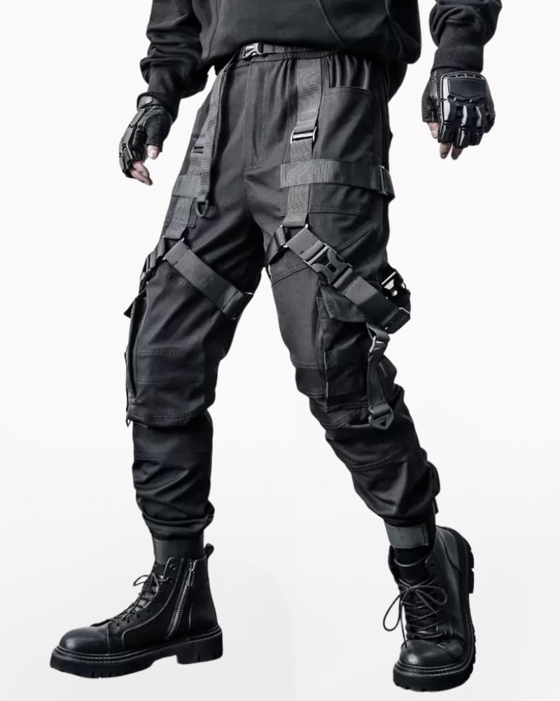 Functional Multi-Ribbon Buckle Black Cargo Pants