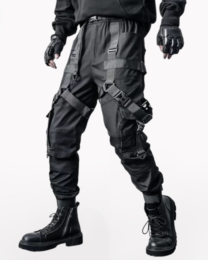 Functional Multi-Ribbon Buckle Black Cargo Pants