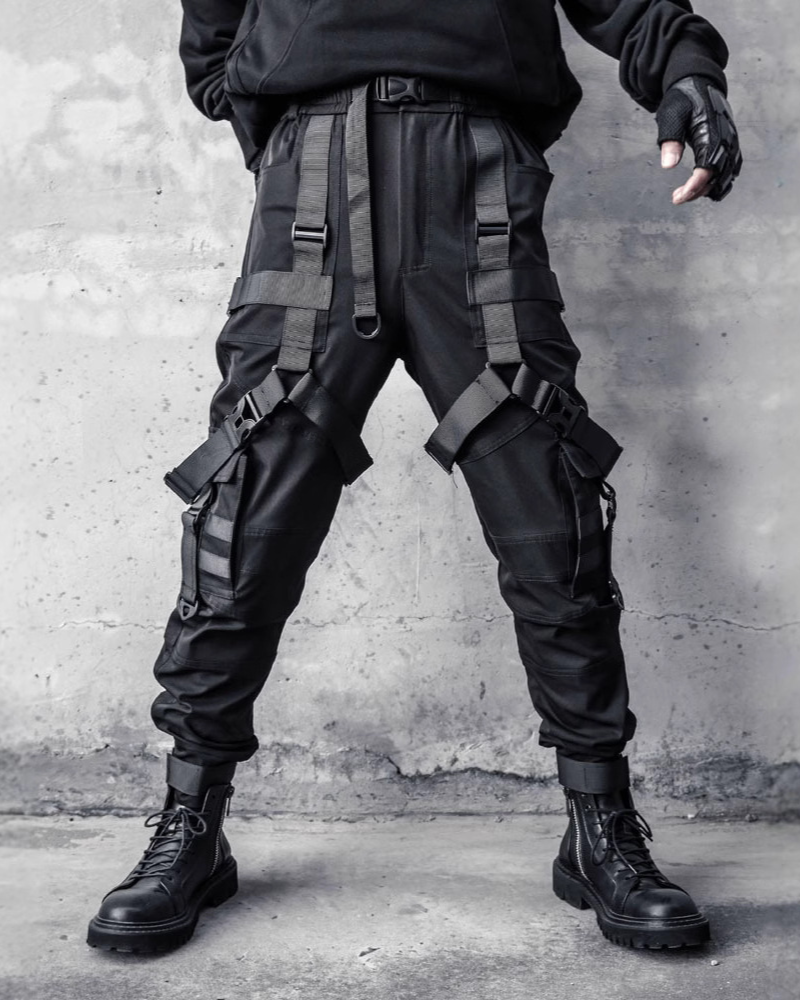 Functional Multi-Ribbon Buckle Black Cargo Pants
