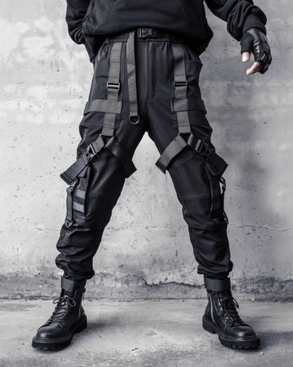 Functional Multi-Ribbon Buckle Black Cargo Pants