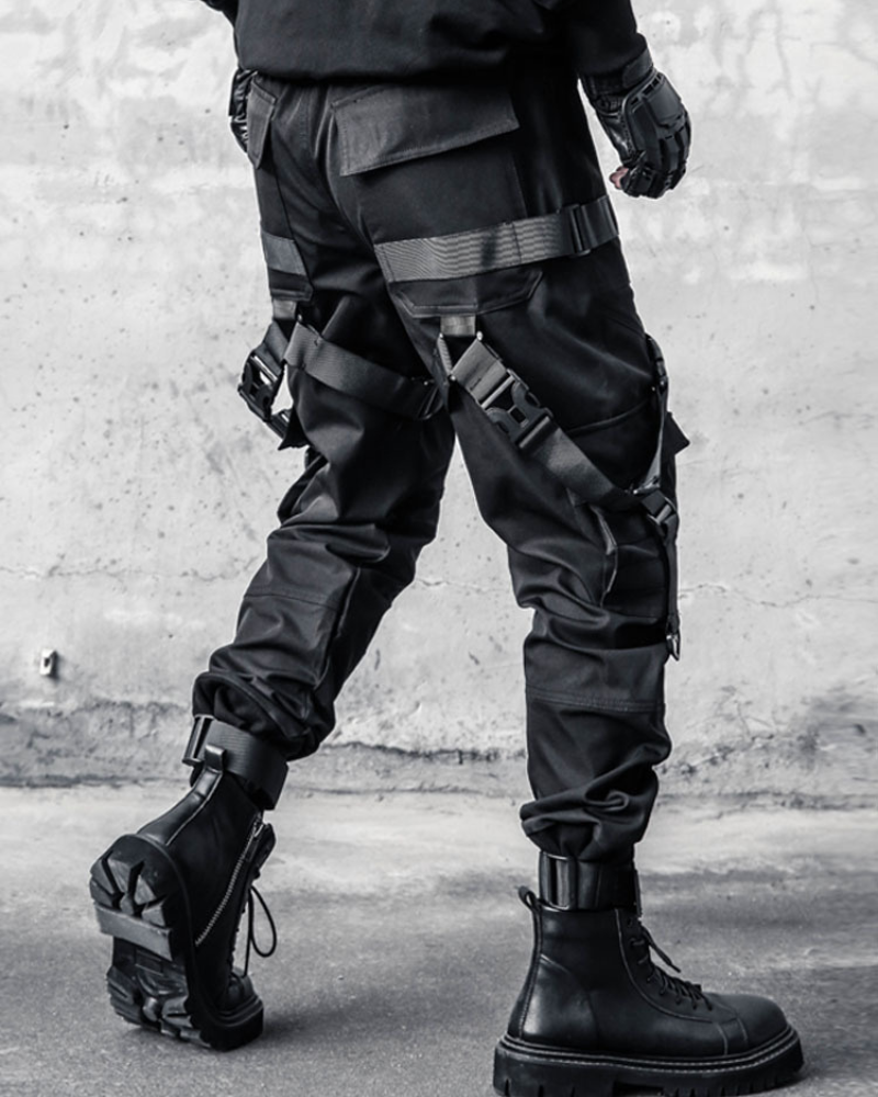 Functional Multi-Ribbon Buckle Black Cargo Pants