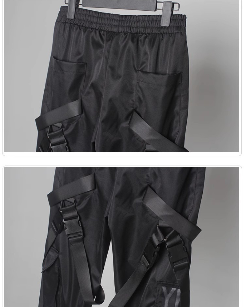 Functional Multi-Ribbon Buckle Black Cargo Pants