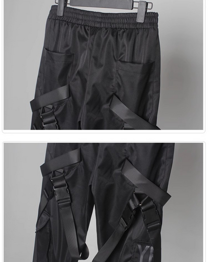 Functional Multi-Ribbon Buckle Black Cargo Pants