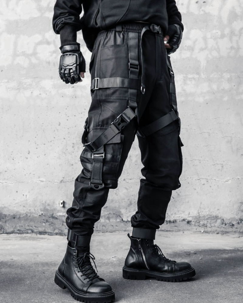 Functional Multi-Ribbon Buckle Black Cargo Pants