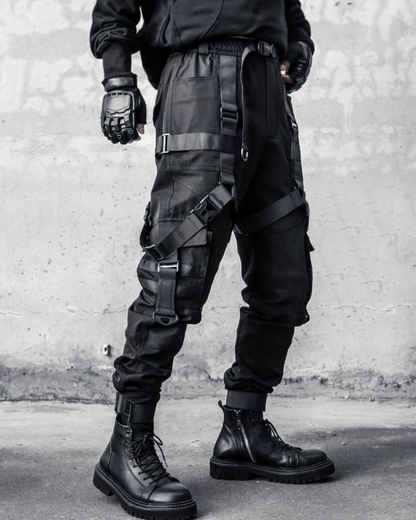 Functional Multi-Ribbon Buckle Black Cargo Pants