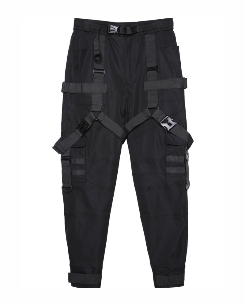Functional Multi-Ribbon Buckle Black Cargo Pants