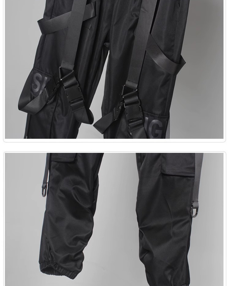 Functional Multi-Ribbon Buckle Black Cargo Pants