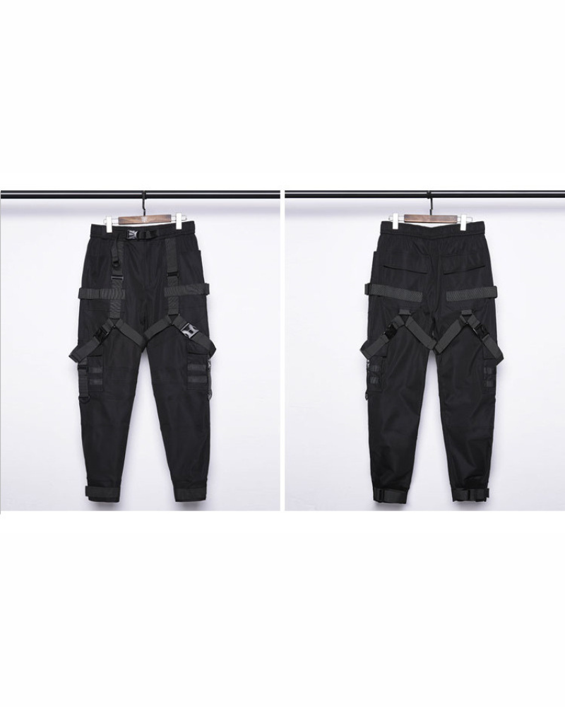 Functional Multi-Ribbon Buckle Black Cargo Pants
