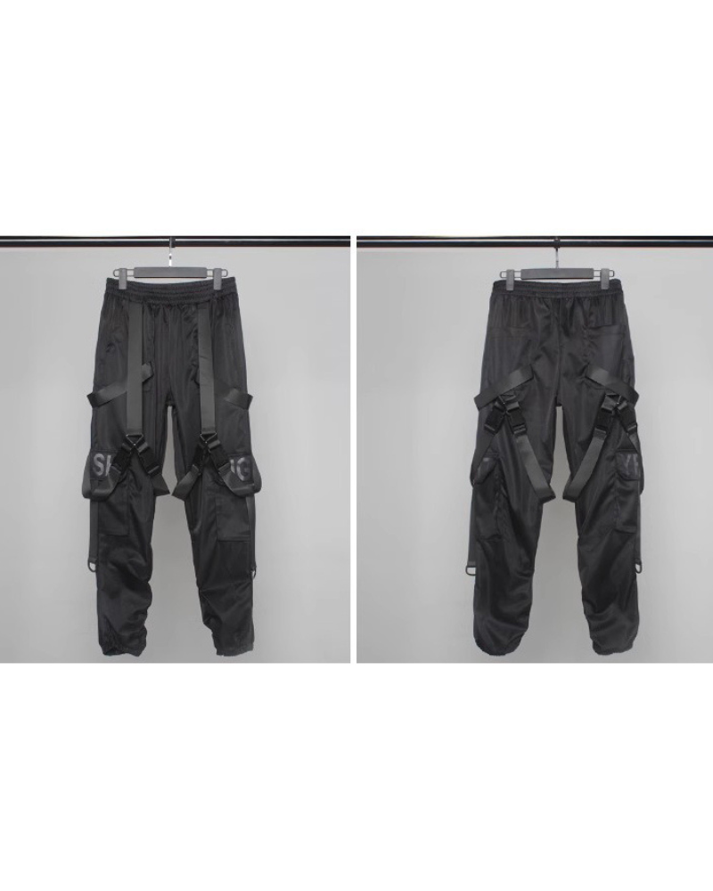 Functional Multi-Ribbon Buckle Black Cargo Pants